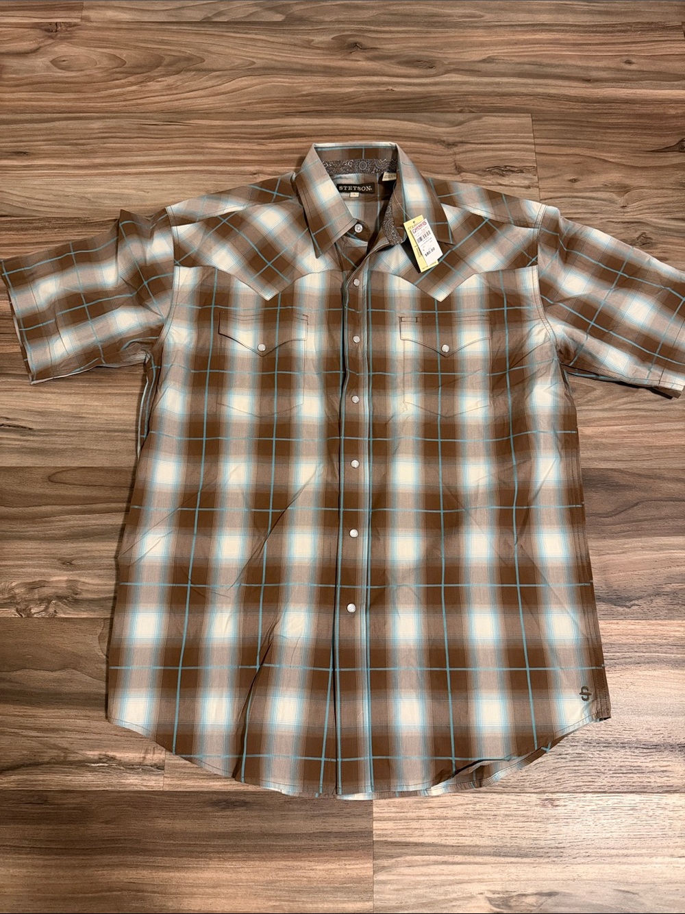 Stetson Men's L Brown Blue Plaid S/S Pearl Snap Western Shirt Cotton NWT